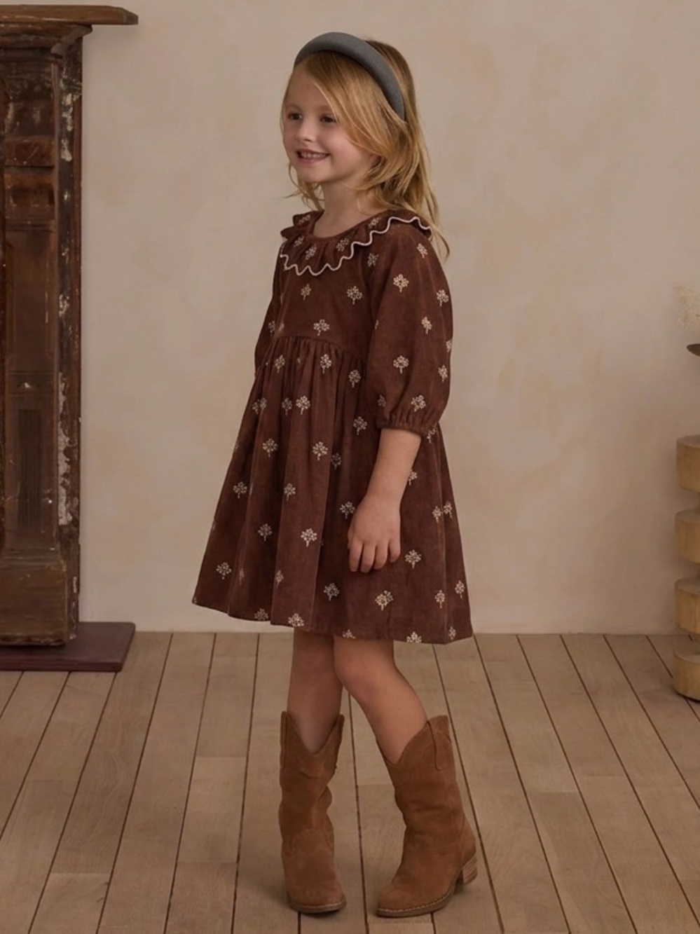 RYLEE + CRU Kids' Freya Printed Cotton Dress In Brick with Scalloped Collar 4-5Y